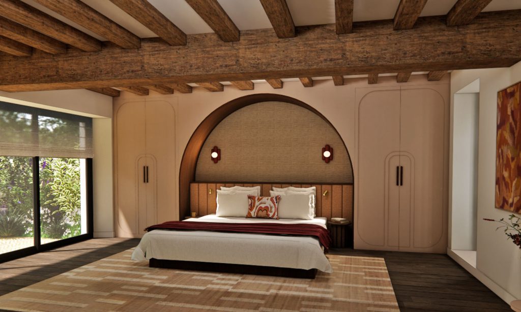 Modélisation 3D du projet des mousseaux réalisé par l'architecte d'intérieur Marjorie Branco. On peut y voir une chambre très élégante avec un lit central qui s'intègre dans un ensemble de placard et tête de lit réalisés tout en courbe.