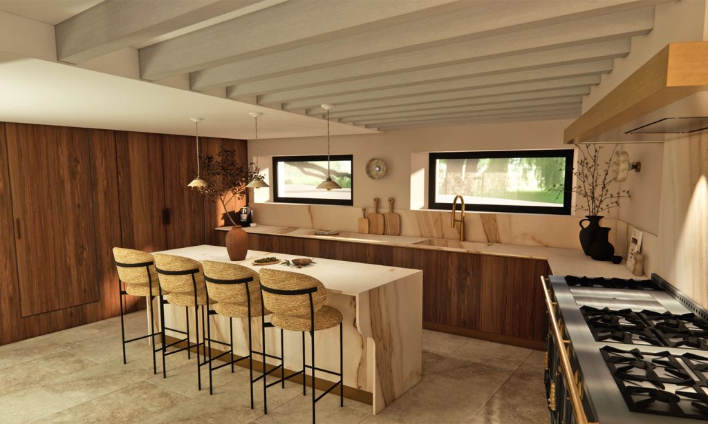 La cuisine du projet des Mousseaux réalisé par l'architecte d'intérieur Marjorie Branco. Les matériaux nobles comme le noyer et le marbre blanc ont été mis à l'honneur afin de redonner de la modernité à cette pièce maîtresse de la maison.